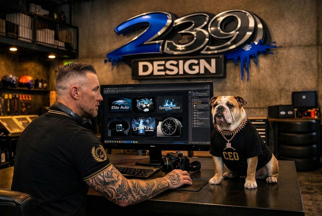 239 Design founder with Cookie the bulldog mascot at the studio workstation under the chrome 239 Design wall logo