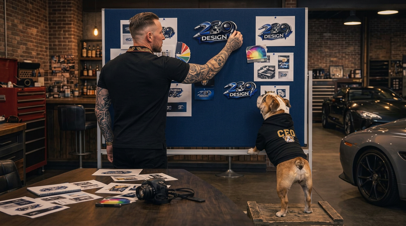 239 Design founder and Cookie the bulldog mascot reviewing printed brand proofs in the studio
